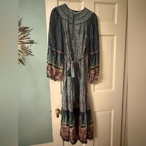 Boho Floral Tiered Long Sleeve Maxi Dress - Green